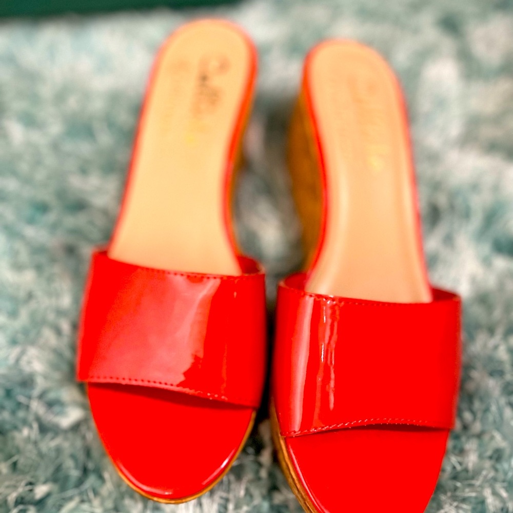 Callisto of California Patent Coral Cork Wedges - 9.5